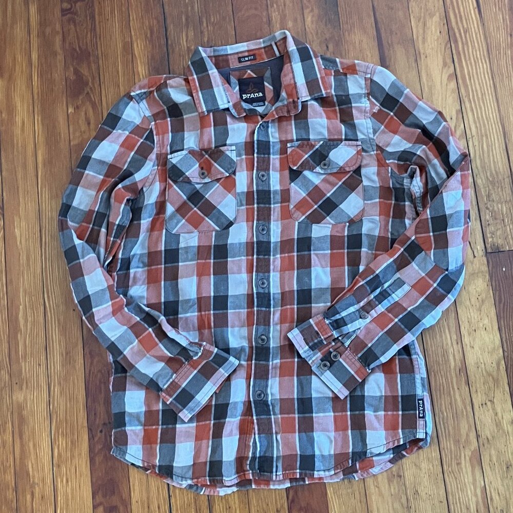 PrAna LS Button Down Shirt ORGANIC Cotton Slim Fit Medium Orange Brown Plaid